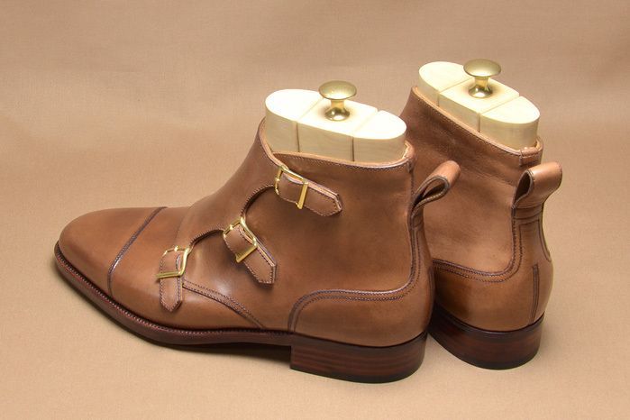 Handmade Men Tan Color Triple Buckle Boots, Leather Ankle High Boots