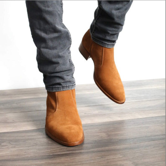 Handmade Men Tan Suede Leather Zipper Boots, Men Biker Zipper Boots