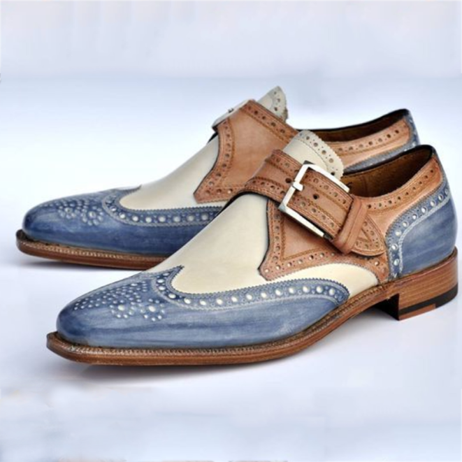 Handmade Men Three Tone Wing Tip Brogue Shoes, Designer Formal Shoes