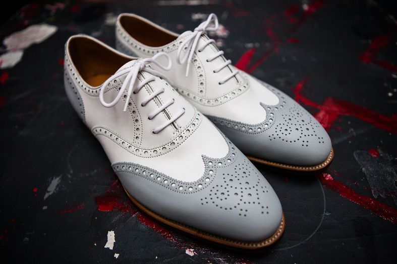 Handmade Men two Tone Shoes, Gray And White Formal Shoes, Brogue Shoes