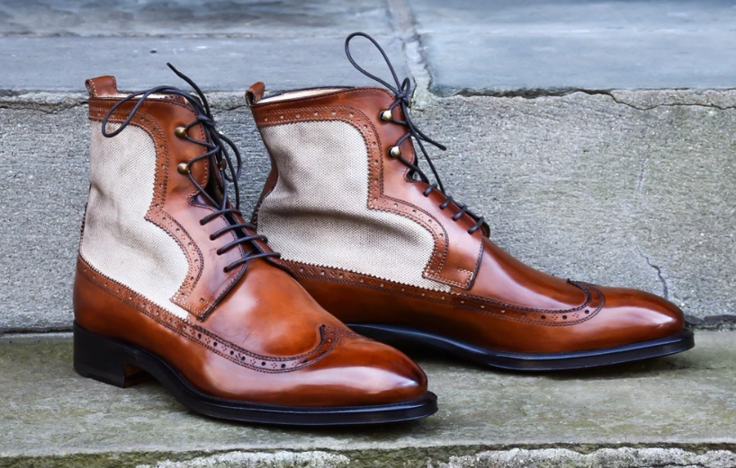 Handmade Men Two tone Ankle boot, lace up wing tip dress boot