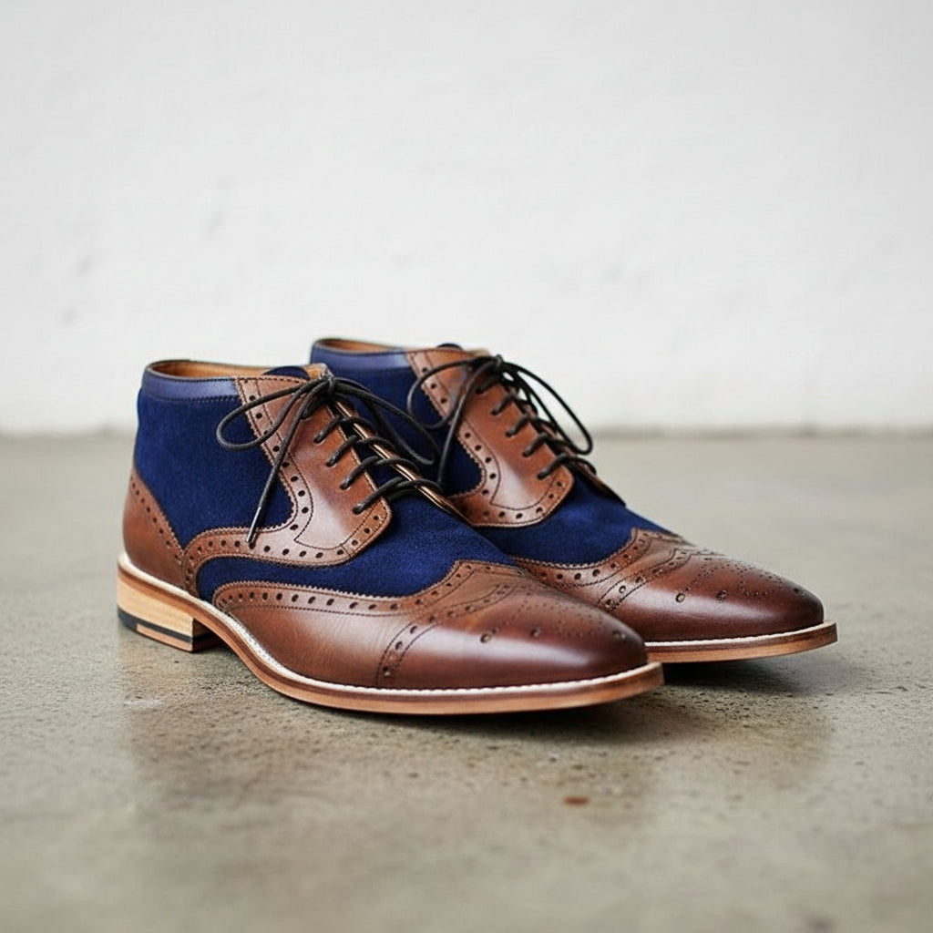 Handmade Men Two Tone Boot, Blue And Brown Ankle Boot, Mens Casual Boot