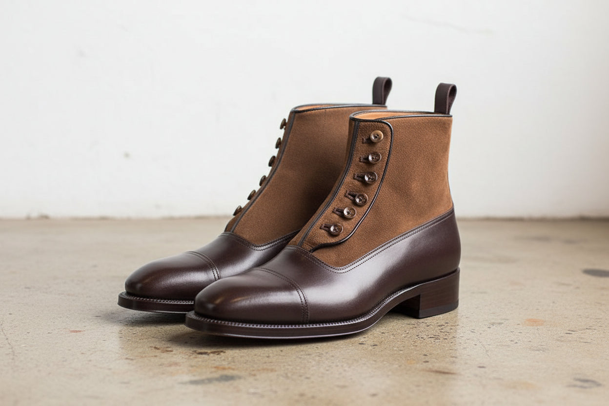 Handmade Men Two Tone Button Boot, Brown Ankle Boots, Formal Boot - 3-4-right-view