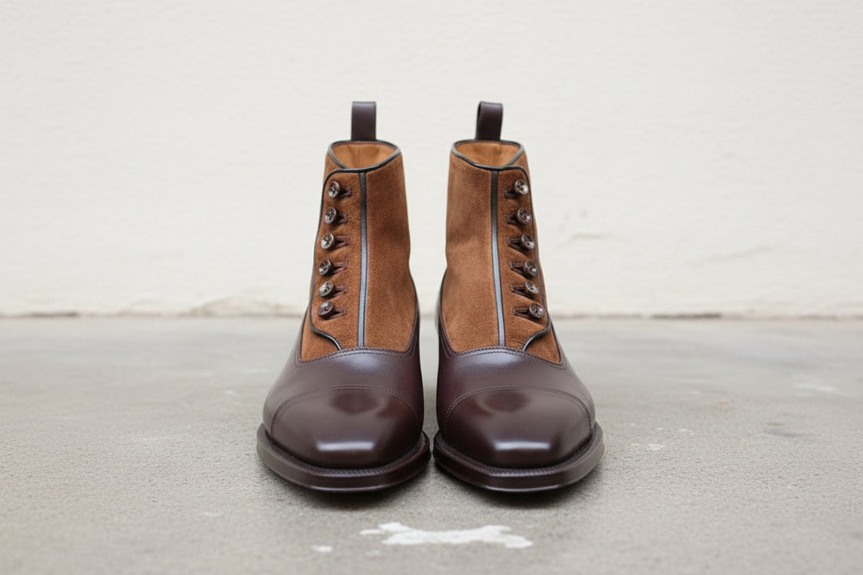 Handmade Men Two Tone Button Boot, Brown Ankle Boots, Formal Boot - front-view