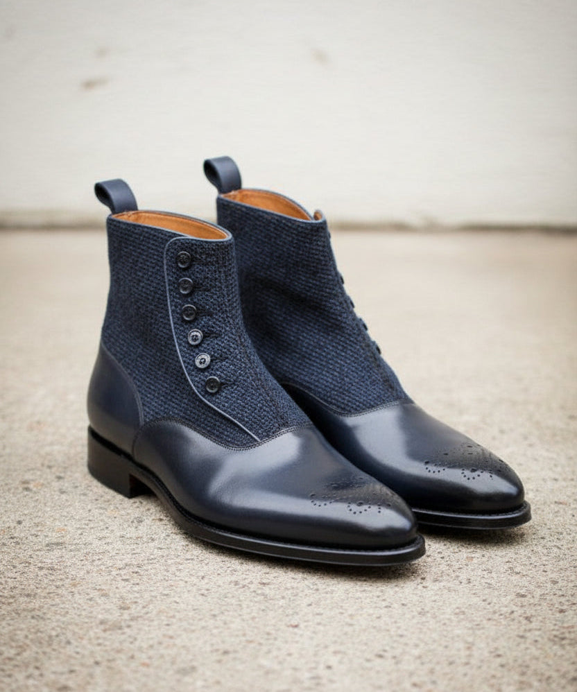 Handmade Men Two Tone Button Boot, Navy And Black Boot, Formal Boot