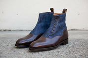 Handmade Men Two Tone Button Boots, Leather And Denim Button Boots