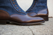 Handmade Men Two Tone Button Boots, Leather And Denim Button Boots