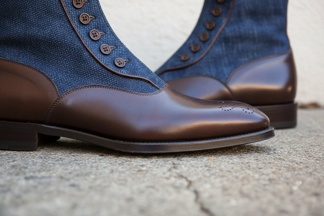 Handmade Men Two Tone Button Boots, Leather And Denim Button Boots