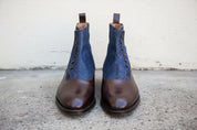 Handmade Men Two Tone Button Boots, Leather And Denim Button Boots