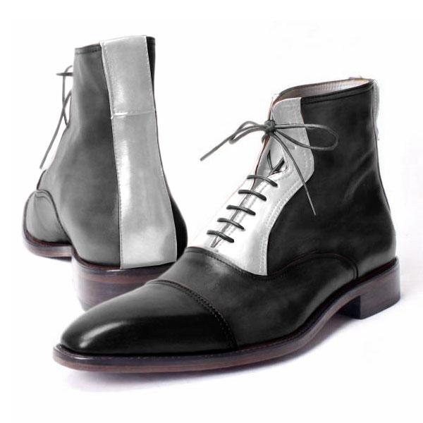 Handmade Men Two Tone Cap Toe Lace Up Boot, Black And White Ankle Boots