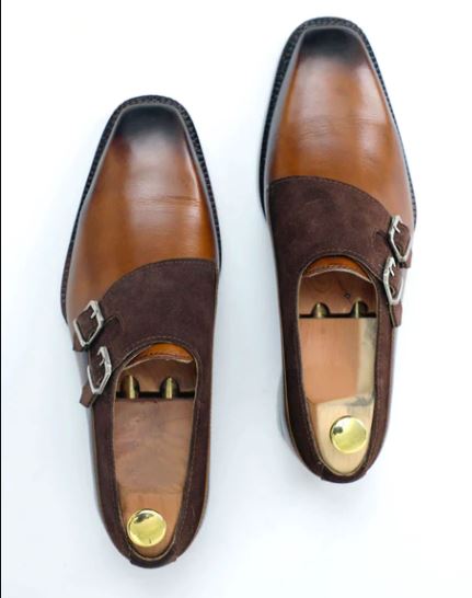 Handmade Men two tone double monk dress shoes, Men leather formal shoes