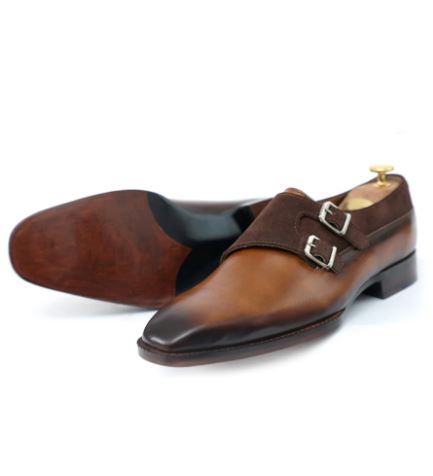 Handmade Men two tone double monk dress shoes, Men leather formal shoes