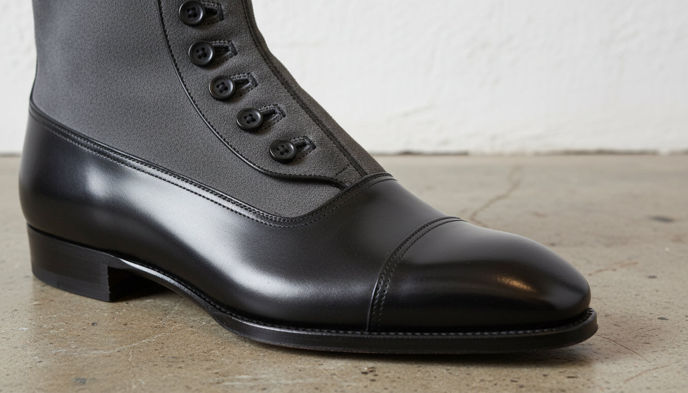 Handmade Men Two Tone Formal Boot, Button Up Boot, Cap Toe Ankle Boot - detail-view-showing-texture