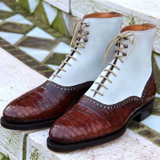 Handmade Men Two Tone High Ankle Boots, Alligator Ankle Boots, Boot