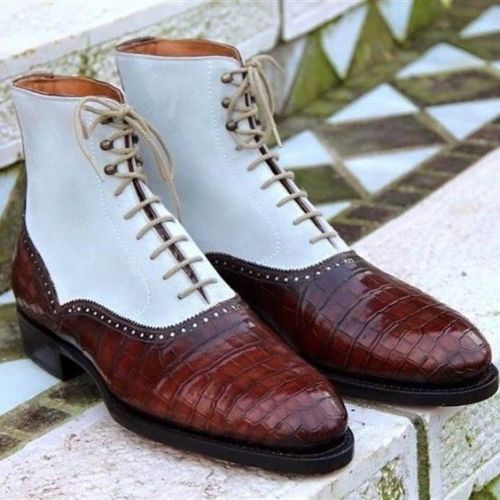 Handmade Men Two Tone High Ankle Boots, Alligator Ankle Boots, Boot