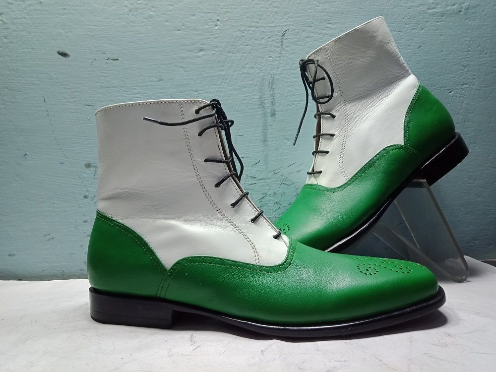 Handmade Men Two Tone Lace Up Boots , Green And White Ankle High Boots