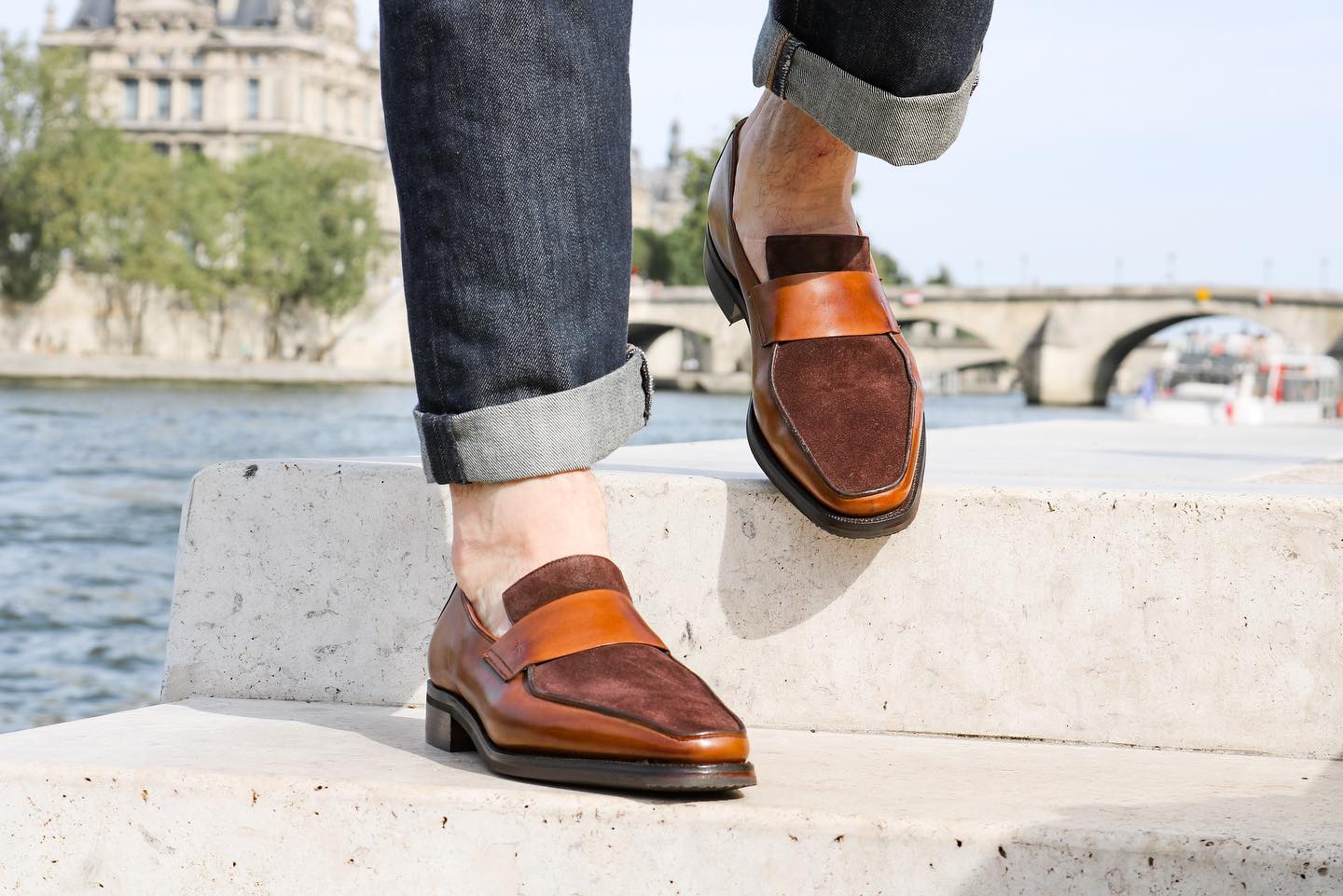 Handmade Men two tone leather moccasins, Men suede and leather Penny Loafer