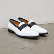 Handmade Men Two Tone Penny Loafer Shoes, Men spectatorleather shoes - angle-view-showing-depth