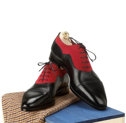 Handmade Men Two Tone Red And Black Formal Shoes, Mens Oxford Dress Shoes,