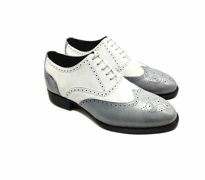 Handmade Men two Tone Shoes, Gray And White Formal Shoes, Brogue Shoes