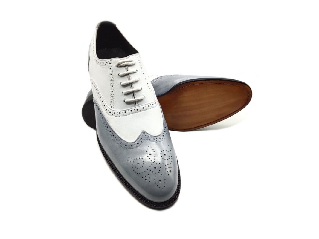 Handmade Men two Tone Shoes, Gray And White Formal Shoes, Brogue Shoes