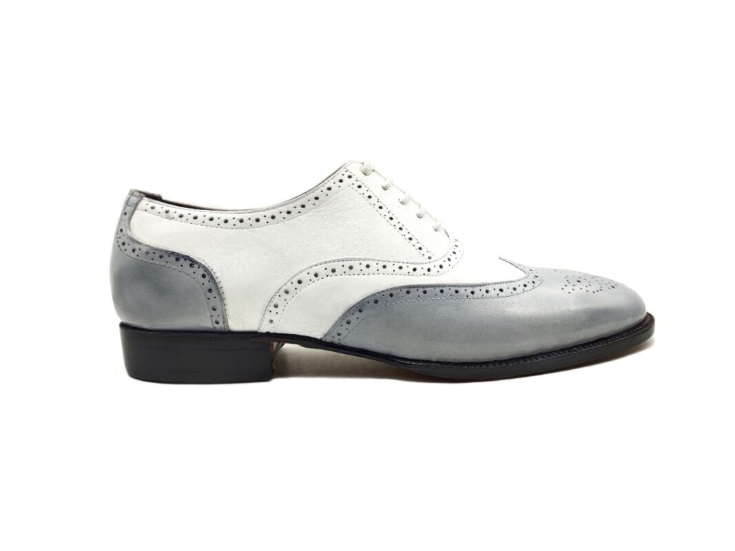 Handmade Men two Tone Shoes, Gray And White Formal Shoes, Brogue Shoes