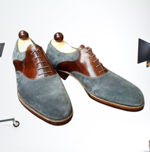 Handmade Men Two Tone Shoes, Grey Suede Shoes, Leather Dress Shoes