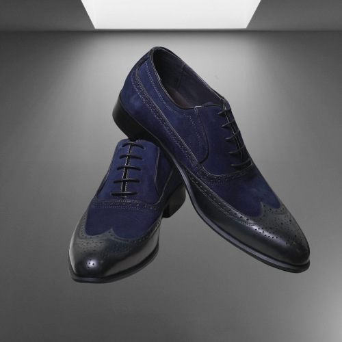 Men's Two-tone Wingtip Leather Dress Shoes in Black and Blue Suede