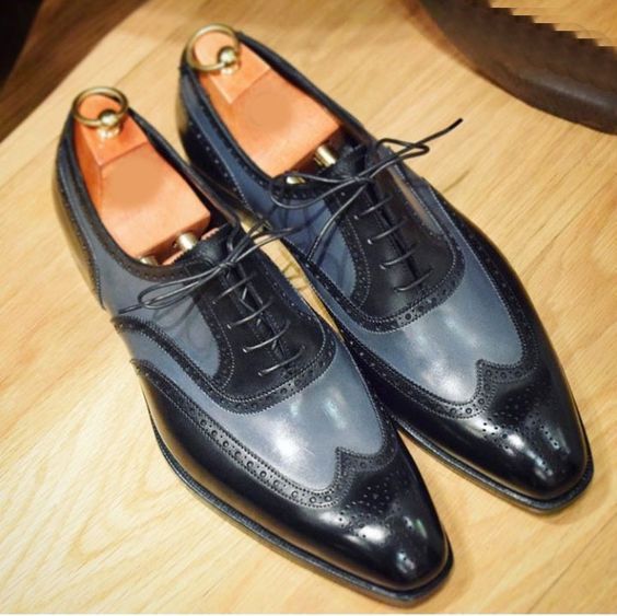 Handmade Men Two Tone Wing Tip Formal Shoes, Leather Dress Shoes