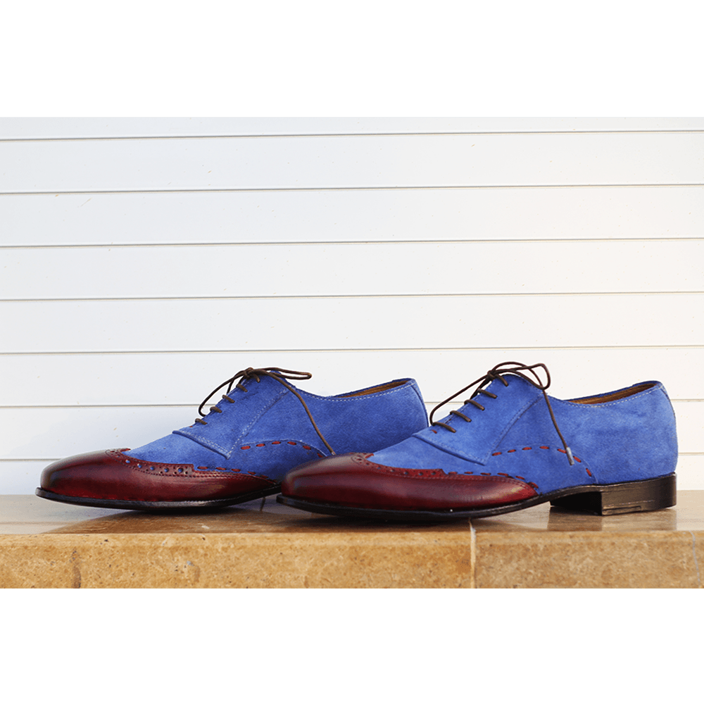 Handmade Men Two Tone Wing Tip Shoes, Blue And Brown Formal Dress Shoes