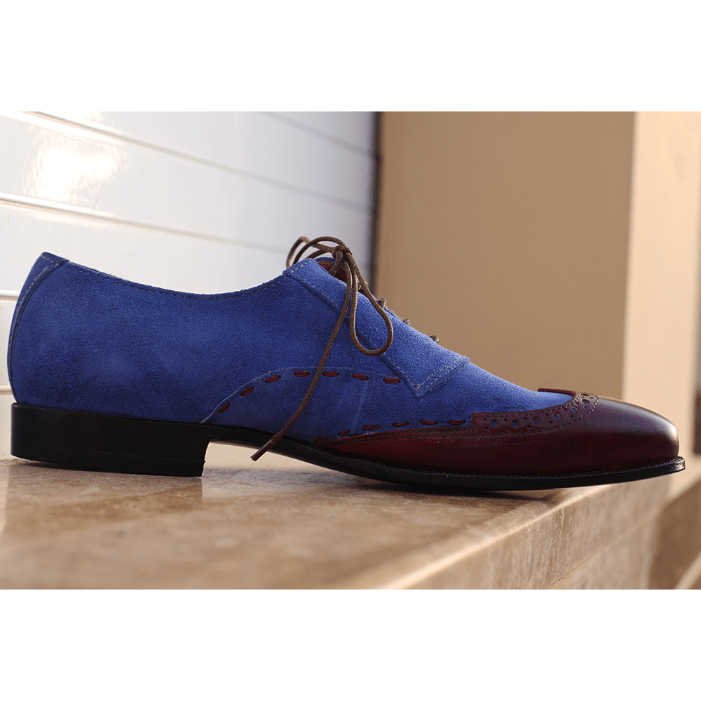 Handmade Men Two Tone Wing Tip Shoes, Blue And Brown Formal Dress Shoes