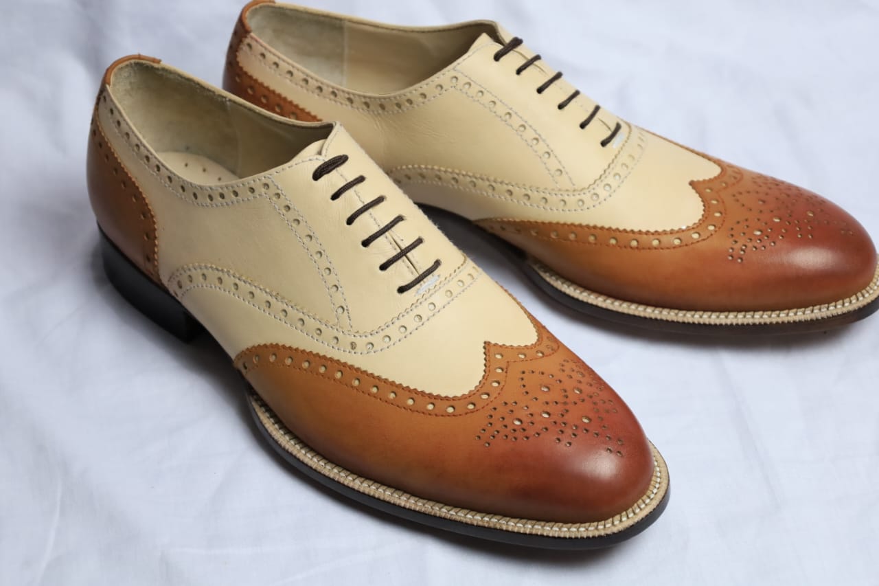 Handmade Men Two tone wingtips brogue shoes, Men brown dress shoes