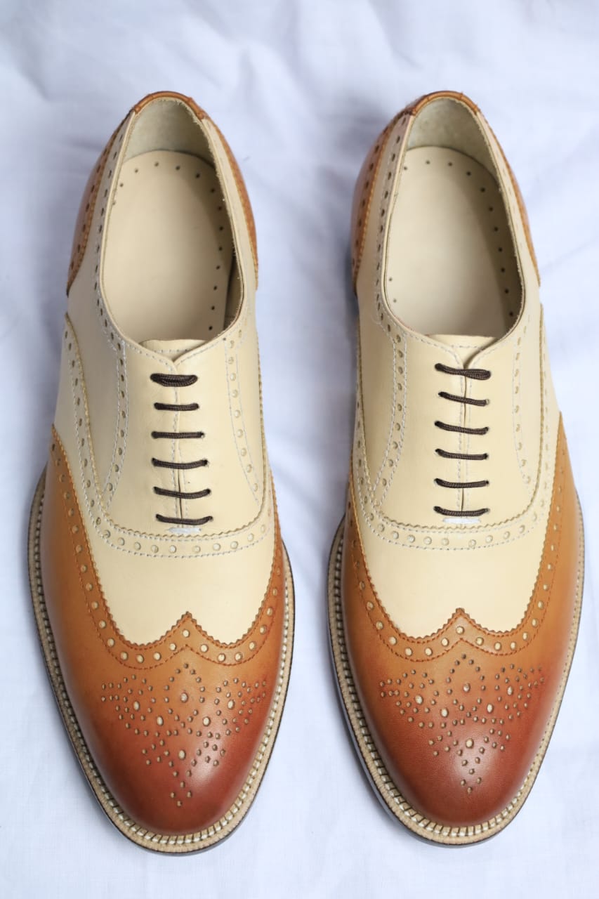 Handmade Men Two tone wingtips brogue shoes, Men brown dress shoes