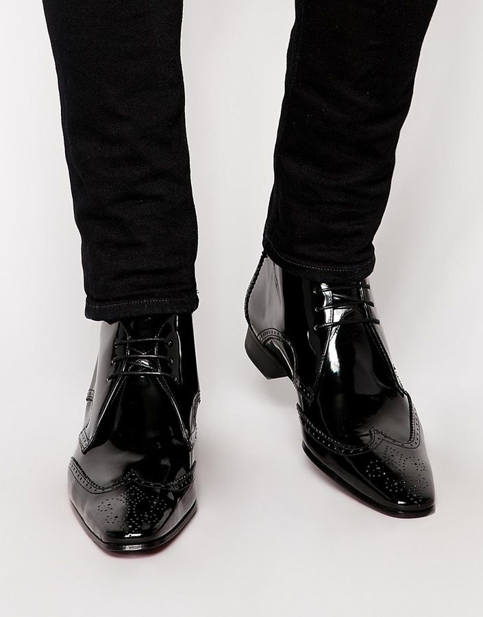 Handmade Men Wing Tip Brogue Patent Leather Lace Up Ankle Boots, Boots