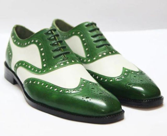 Handmade Men Wing tip brogue two tone dress shoes, Men green and white shoe