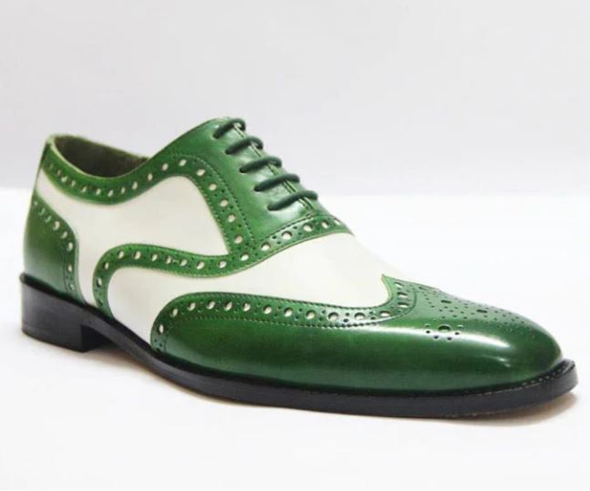 Handmade Men Wing tip brogue two tone dress shoes, Men green and white shoe