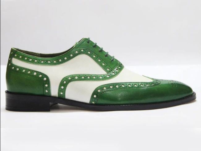 Handmade Men Wing tip brogue two tone dress shoes, Men green and white shoe