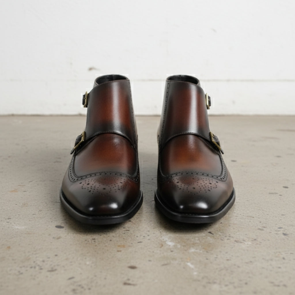 Handmade Men Wingtip Brogue Double Monk Chukka Boots, New Leather Boots - front-view