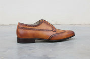 Handmade Men Wingtip Brogue Formal Shoes, Tan Color Wingtip Dress Shoes - detail-view-showing-texture