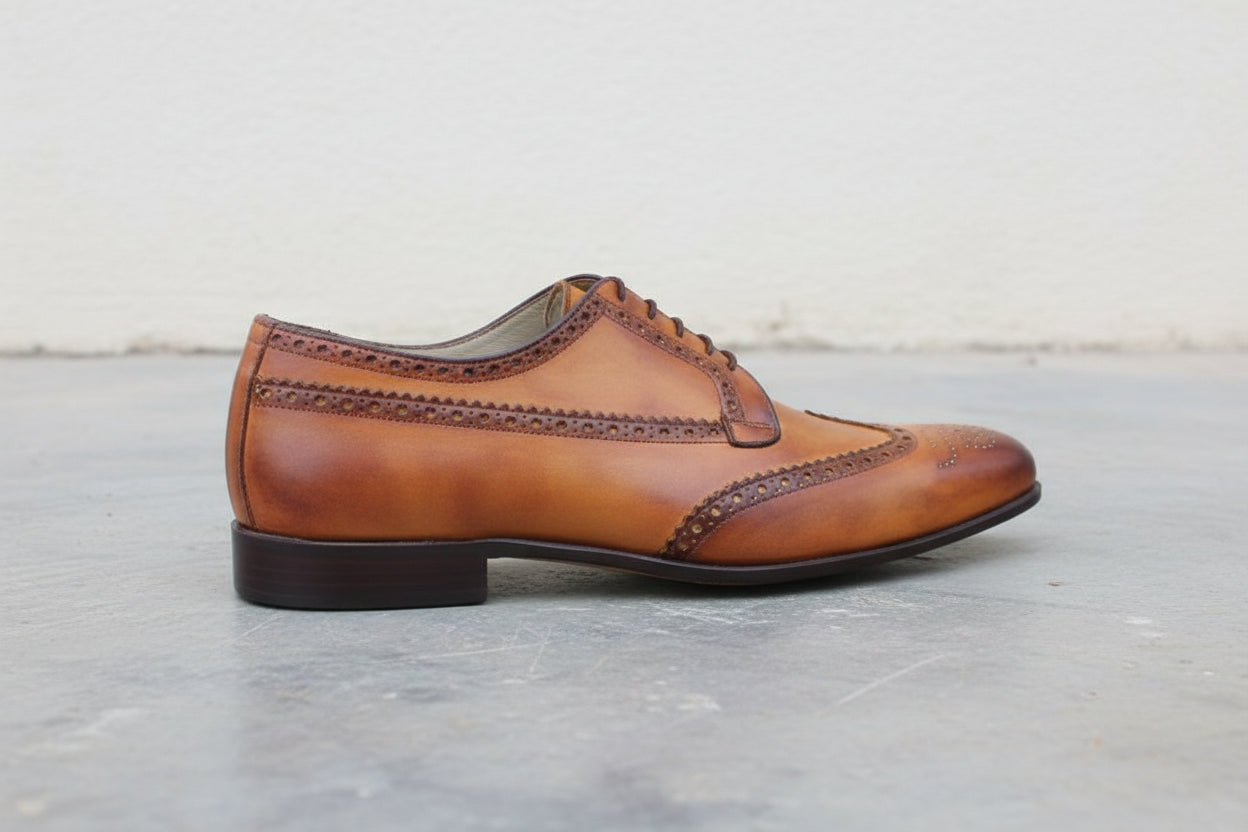 Handmade Men Wingtip Brogue Formal Shoes, Tan Color Wingtip Dress Shoes - detail-view-showing-texture