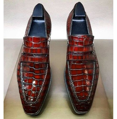 Handmade Mens Alligators shoes, crocodile embossed Leather moccasins