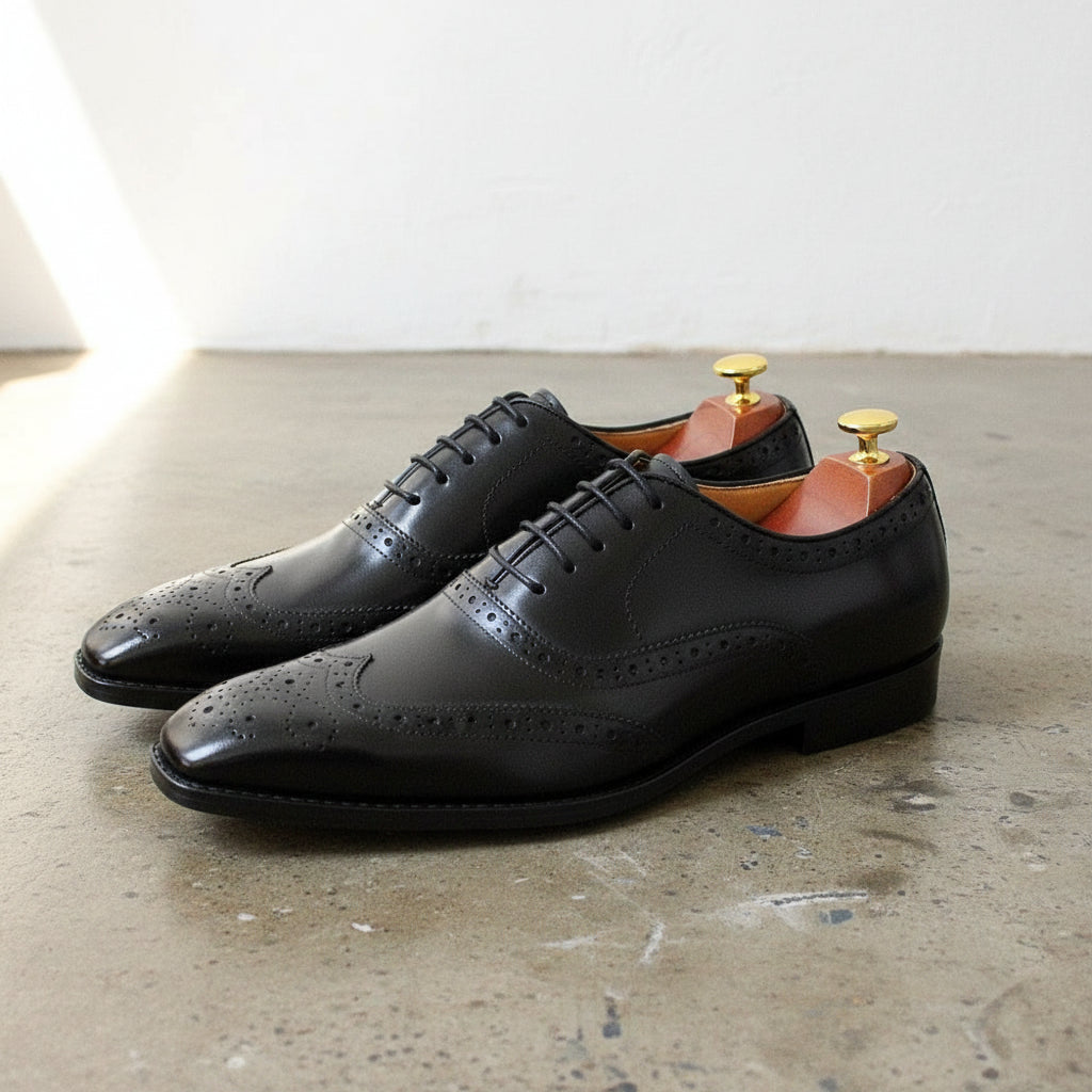 Handmade Mens back leather brogue dress shoes, Men Tuxedo shoes - angle-view-showing-depth