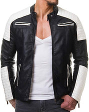 Handmade Mens black and white slim fit biker jacket, Men leather Jacket