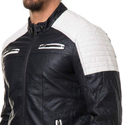 Handmade Mens black and white slim fit biker jacket, Men leather Jacket