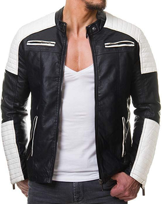 Handmade Mens black and white slim fit biker jacket, Men leather Jacket