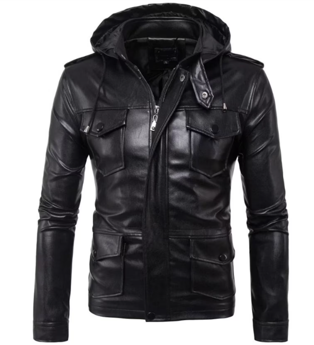 Men's Black Biker Hooded Leather Jacket