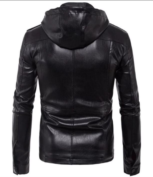 Men's Black Biker Hooded Leather Jacket - Image 2
