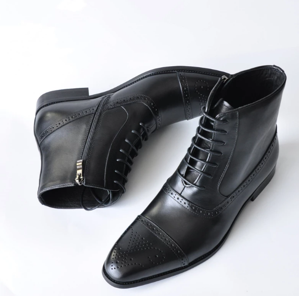 Handmade Mens black Brogue Oxfords black side zipper ankle dress boots