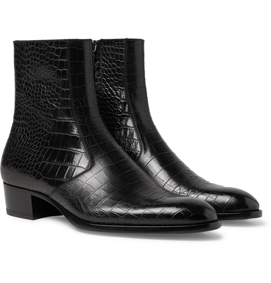 Handmade Mens Black crocodile zipper boots, Men black ankle dress boot