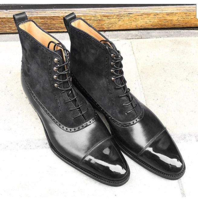 Handmade Mens Black Lace up Dress Boots, Real Leather & Suede Office Boots